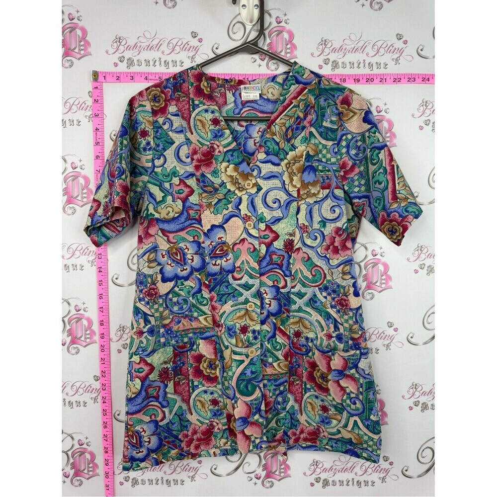 Barco Uniforms button up scrubs Multicolor Floral Scroll Print Scrub Top